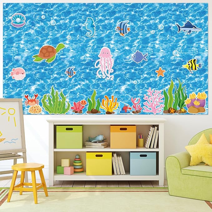 Qyeahkj 17.7in x 20ft Bulletin Board Paper Roll Bulletin Board Background Paper Fade Resistant Classroom Decoration Poster Art Craft Home Wall Education Decor Supplies Ocean