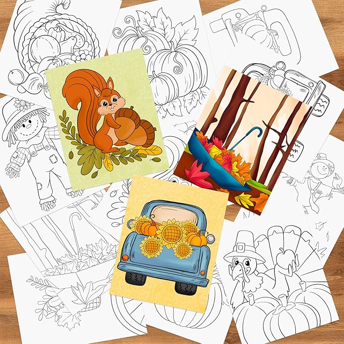 COCHIE 36PCS 8x10 Inches Fall Coloring Pages for Kids, Bulk Color Your Own Thanksgiving Paper Crafts Party Favors, Small Coloring Sheets Thanksgiving Day Gifts