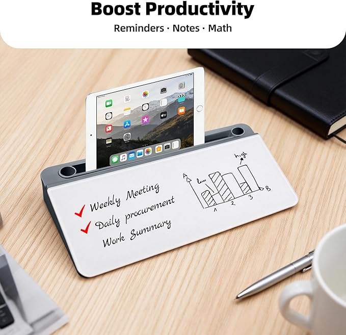 Desktop Whiteboard, Glass Dry Erase Board, Desk Board Buddy,Computer Keyboard Stand,Desk Whiteboard Organizer for Home,Office,School Supplies (Grey)