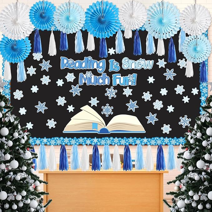Frienda 99 Pieces 3D Snowflake Bulletin Board Decorations with Paper Fan Tassels Winter Reading is Snow Much Fun Snowflake Cutouts Classroom Decor for Winter Christmas School Party Supplies Home