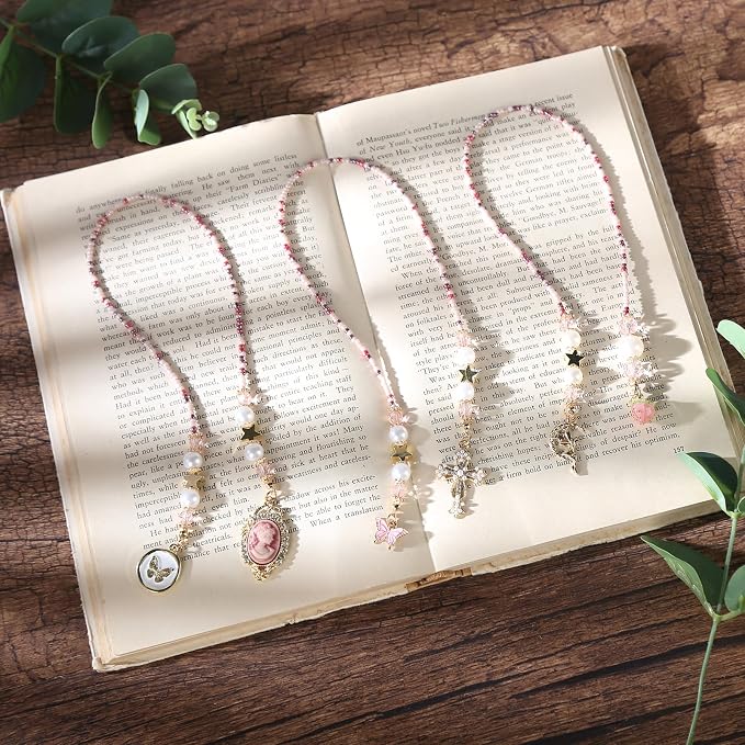 Vintage Pink Cross Beaded Bookmark - Butterfly Beads Book Mark for Women, Christian Religious Aesthetic Accessories Bookish Gifts for Booklovers Students Teachers