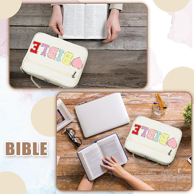Silkfly White Bible Cover Case Preppy Large Chenille Letter Church Bag with Shoulder Strap Handle Back to School Gifts Waterproof Christian Tote Bag for Women Teacher Bible Accessories
