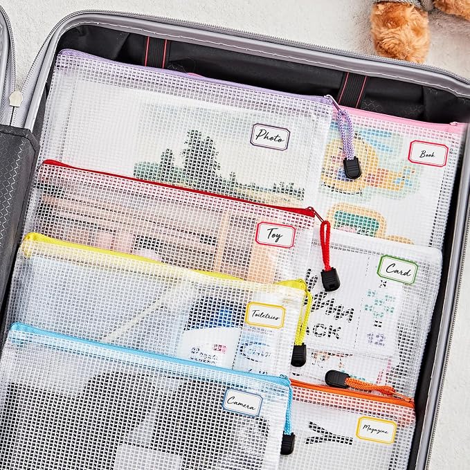 AOBOPLE 36pcs Mesh Zipper Pouch,4.9x6.3 inch Waterproof Zipper Bags with Colored Stickers 9 Colors Plastic Zippered Pouches Small Organizing Bags for Travel Storage and Office Supplies