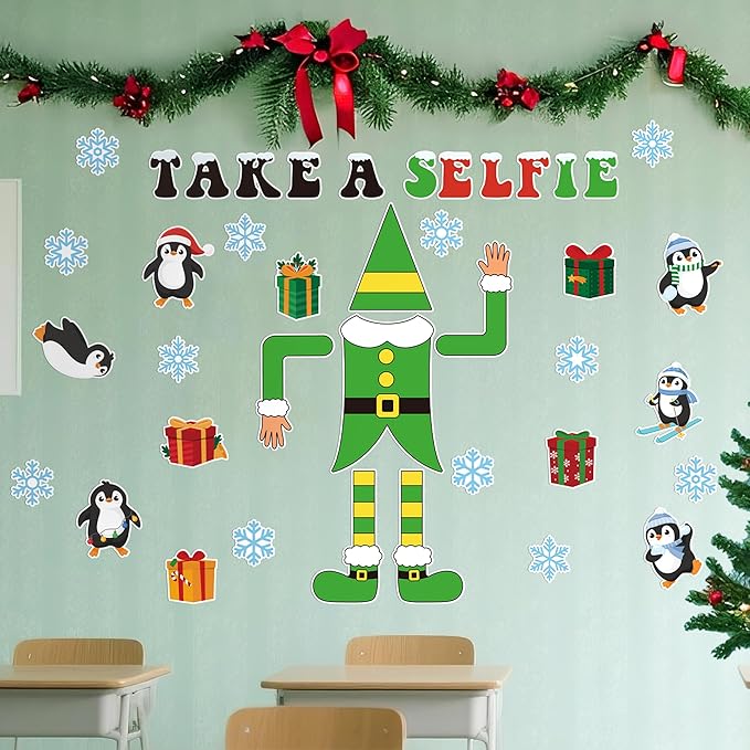 Christmas Bulletin Board Decoration - 46pcs Xmas Elf Cutout Door Decor Set, Winter Penguin Window Fireplace Chalkboard Classroom Wall Accents Ideas Kits for School Class Home Supplies