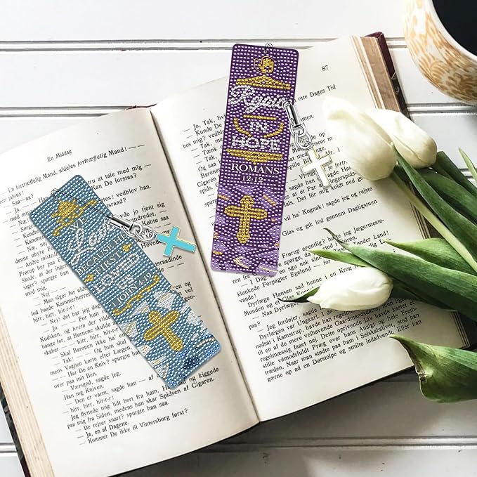 Christian Bible Diamond Art Bookmarks: 6 Pcs Bible Verse Diamond Painting Book Marks with Cross Pendant, Inspirational Religious Bookmark for Reading, DIY Crafts with Accessaries