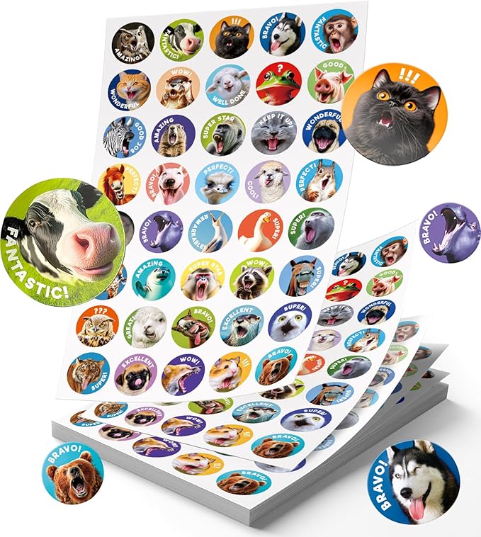 800 PCS Dotimo Funny Animal Stickers for Kids - 40 Designs Waterproof Reward Stickers, Durable Classroom & Homeschool Supplies for Teachers, Positive Reinforcement Chart Decor (20 Sheets)