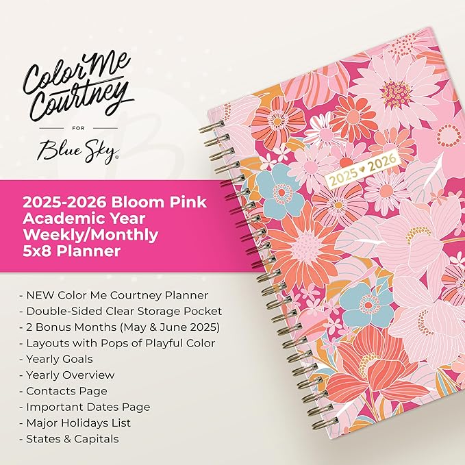Blue Sky Color Me Courtney 2025-2026 Weekly and Monthly Academic Year Planner Calendar, July 2025 - June 2026, 5" x 8", Flexible Cover, Wirebound, Laminated Tabs, Storage Pocket, Bloom Pink
