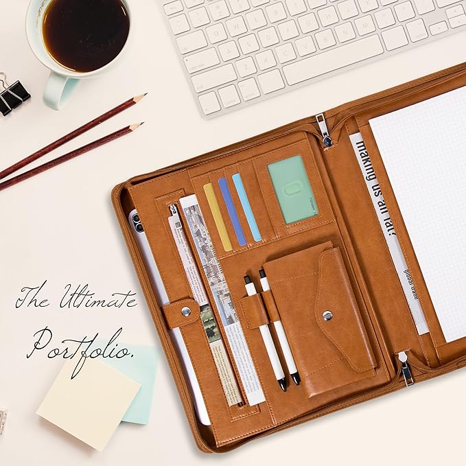 Calfinder Leather Padfolio Portfolio Binder, Zippered Padfolio with Handle for Men Women, A4 Letter Size Business Binder, Padfolio Folder Organizer for Interview Notebook Tablet