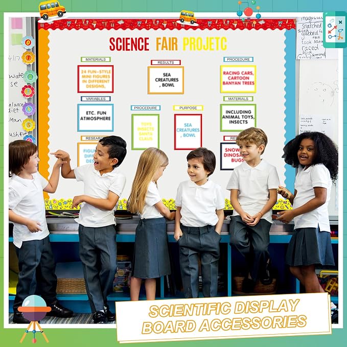 Sinload 92 Pcs Science Fair Board Supplies 60 Trim Scalloped Poster Boards 18 Presentation Subtitles 6 Project Titles 8 Letter Sticker for Classroom Display Boards(Multicolor,Science Lab)