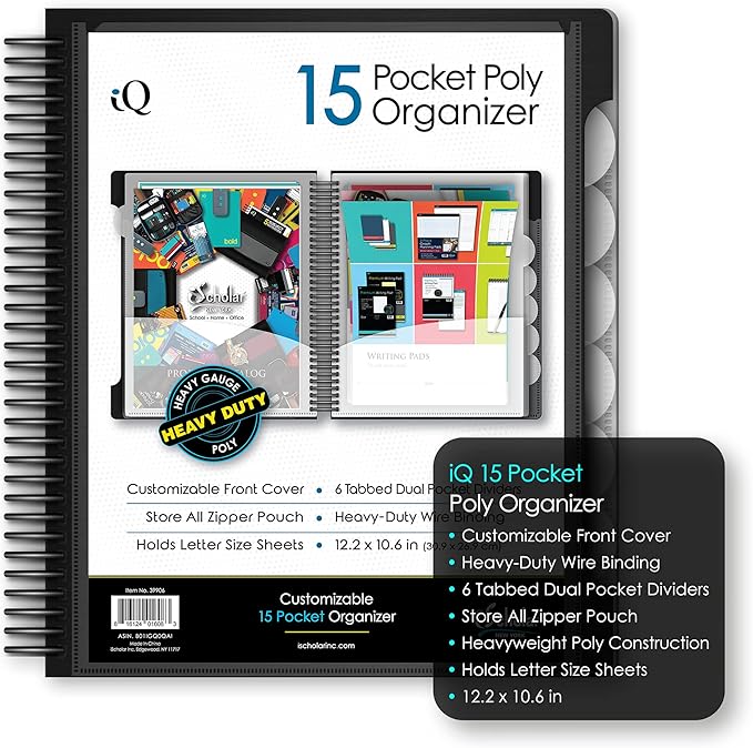 iScholar iQ+ 15 Pocket Organizer, 12.2 x 11 Inches, Tabbed Dividers, Black (39906-BK)