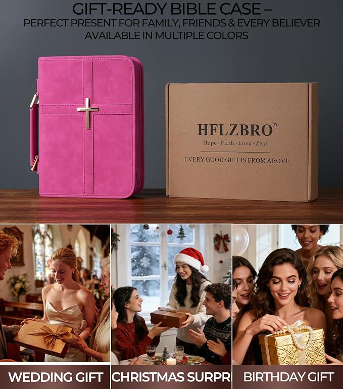 Vegan Leather Bible Cover Case, Bible Bag with Phone Pocket, Bible Case for Men Women, Christian Gift Box Packaging (Rose)