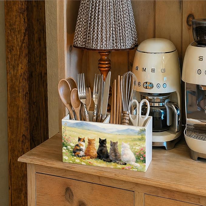 Funny Cat Pen Pencil Holder for Desk, Cat Mom Lady Lover Gifts for Women, Rustic Cottagecore Wildflower Cats Pencil Holders Wooden Box Organizer for Home Office Bedroom Desk Tabletop