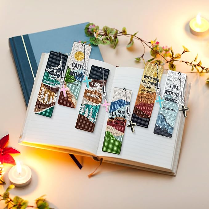 Christian Diamond Art Bookmarks Kit - Boho DIY Diamond Painting Bookmarks with Mountain and Flowers Painting Kits, Religious Bookmark for Adults for Bible Journaling Prayer & Worship Accessories