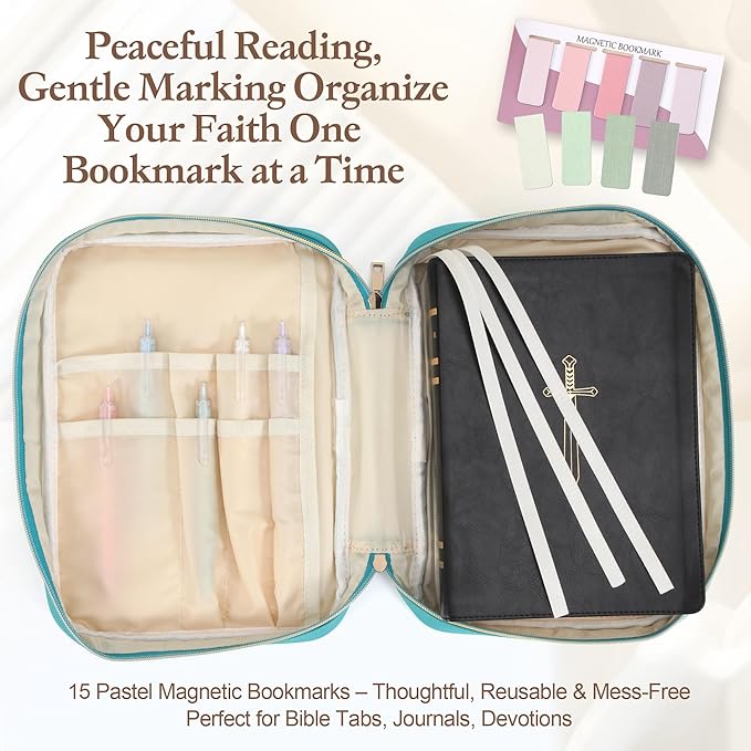 Durable and Protective Bible Cover Case for Women,Portable Bible Carrier Organizer Bag with Zipper,Christian Gift for Women,Includes 15 Magnetic Bookmarks,Great for Church,Travel or Daily Use, Mint