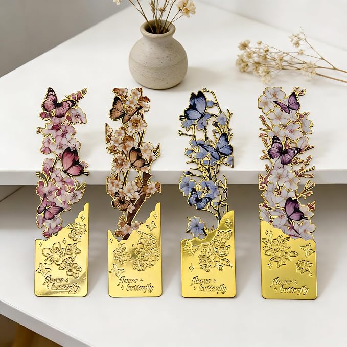 4 Pack Butterfly Flower Bookmarks - Hollow Metal Bookmarks for Book Lovers, Aesthetic Floral Book Markers, Durable Page Markers, Perfect Gift for Readers (Assorted Colors)