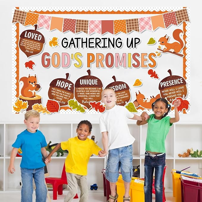 Fall Thanksgiving Religious Bulletin Board Set Autumn Squirrels Classroom Decorations Bible Verse Gathering Up God's Promises Paper Cutouts for Home Christian School Church Chalkboard Wall Door Decor