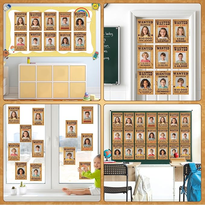 OBUSATT 60 Pcs Western Wanted Theme Cutouts West Cowboy Cowgirl Bulletin Board Decorations Wanted Photo Paper Cut-Outs Classroom Decor for Boy Girl Classroom DIY Craft Photo School Door Supplies West
