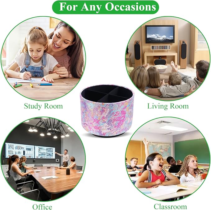 Round Leather Art Supply Organizer,Remote Control Holder,360-degree Rotating Pen Organizer with 4 Compartments(1-Painting Pink)