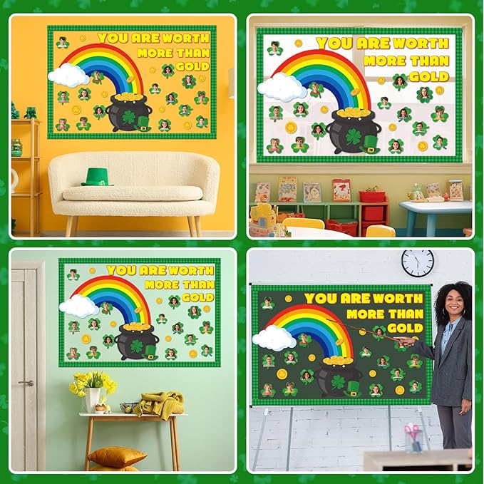 Lonfliness 111Pcs St. Patrick's Day Bulletin Board Classroom Decorations Shamrock Cutouts Gold Coin Bulletin Board for Teacher Nursery Classroom Door Wall Craft Photos Decor St. Patrick Party Supplies