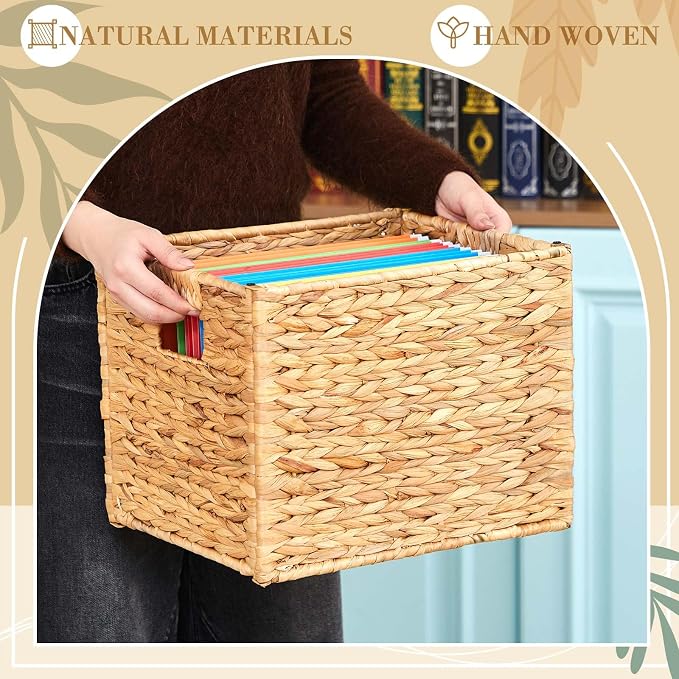 Jingmore Hanging File Box, Water Hyacinth Collapsible Woven File Organizer for Letter Size Files, Portable Decorative Storage Basket with Handles for Home Office Decor