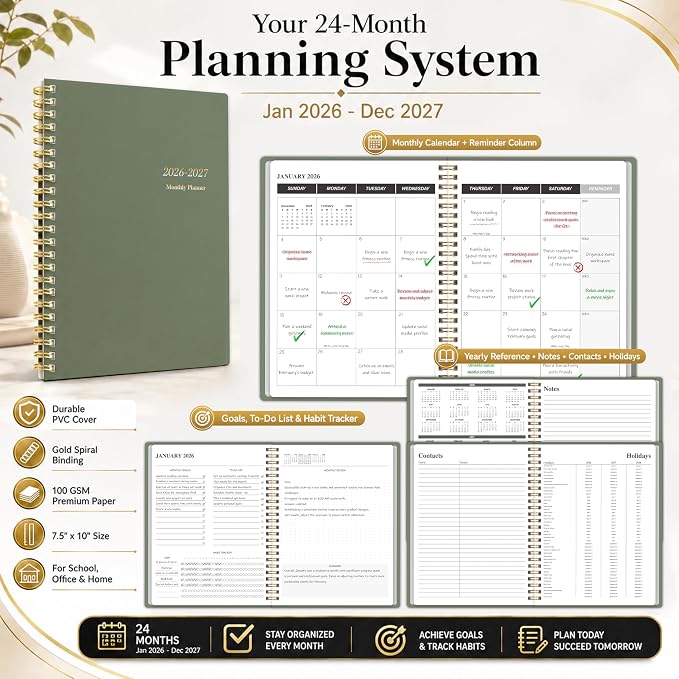 2026-2027 Monthly Planner, Calender Planner from Jan 2026 - Dec 2027, 24 Months for Planning with Habit Tracker, To-Do List, Goals,Summary ,7.5" x 10", Spiral Bindding for Personal Organizer and Office Supplies