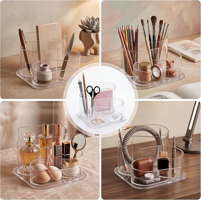 Desk Top Organizer, Aesthetic Pen Pencil Holder for Desk, Small Office Teacher Desktop Organizers and Accessories (Clear)