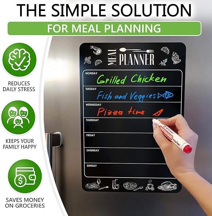 Weekly Dinner Menu Board for Kitchen A4-8.5x12 Black Magnetic Weekly Meal Planner for Fridge Dry Erase Weekly Menu Boards Magnetic Menu for Refrigerator Food Menu Boards Week Chalkboard Menu Board