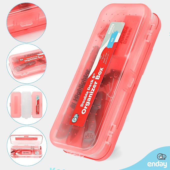 Enday Pencil Box Red, Plastic Double Deck Pencil Case with 7 Compartments, Box Organizer with Snap Closure for Home and Office