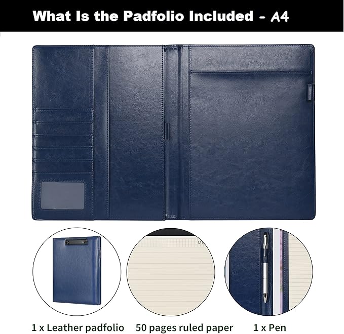 Wonderpool A4 PU Leather Clipboard Partfolio Notepad Forms Holders Document Case - Interview Planner Meeting Writing Padfolio File for Office Travel School Hotel Hospital (A4,Blue)