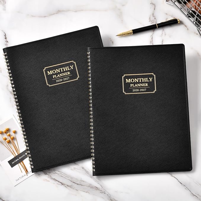 Monthly Planner 2026-2027 - Planner 2026-2027, Jul. 2026 - Dec.2027, 18 Monthly Planner with Colorful Tabs, 8.86" x 11.4", Saffiano Leather, Black Leather