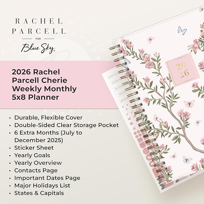 Blue Sky Rachel Parcell 2026 Weekly and Monthly Planner Calendar, January 2026 - December 2026, 5" x 8", Clear Pocket Cover, Durable Twin Wire Binding, Laminated Tabs, Pocket, Stickers, Cherie