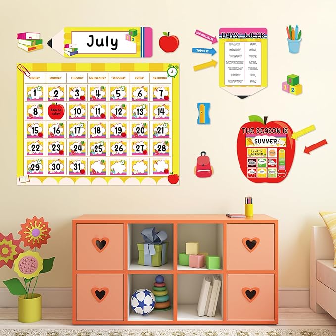 Back to School Calendar Bulletin Board Set for Classroom Decoration Colorful Pencil Apple Calendar Seasons Weather Chart Pencil CTP Bulletin Board Paper-Cuts for Teachers Elementary School Classroom