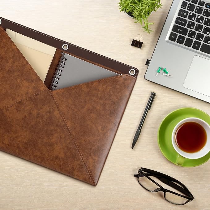 Huhumy Rustic Wall File Organizer Full Grain Leather Vintage Holder for Documents 3 Ring Binder Wall Mounted File Holder Hanging Leather Portfolio Organizer for Office Mail Letters Invoices Envelopes