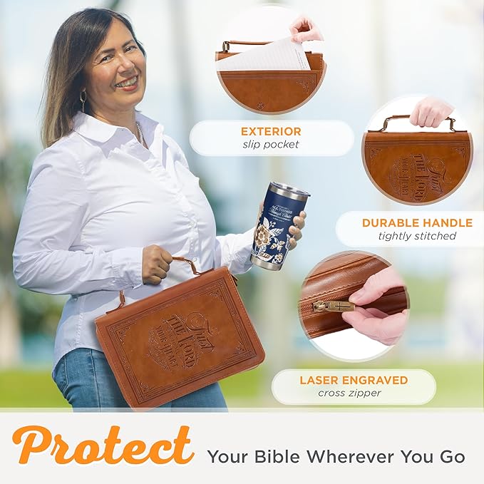 Christian Art Gifts Classic Vegan Leather Bible Cover for Men & Women: Trust in the Lord Inspirational Bible Verse, Sturdy Easy Carry Book Case, Pen Loops, Pockets, Accessory Storage, Brown, XL