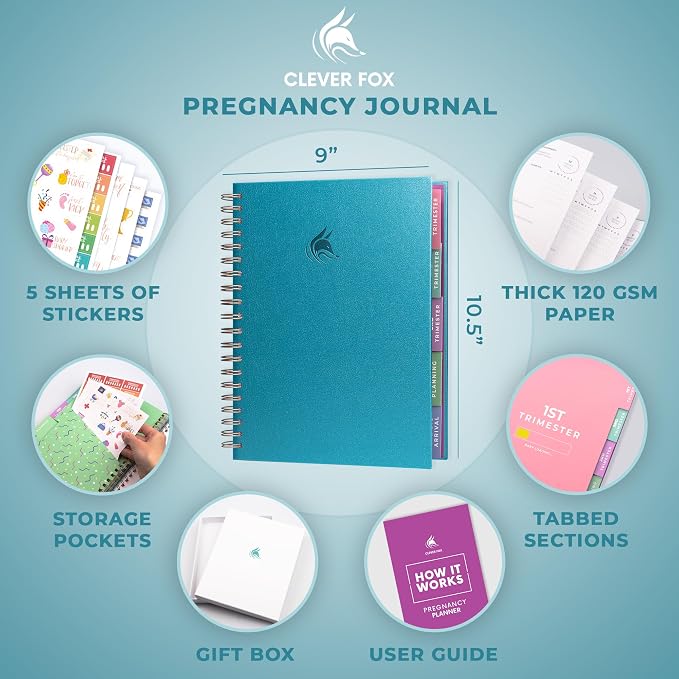 Clever Fox Pregnancy Journal & Memory Book - Pregnancy Planner & Notebook for Expecting Moms – Baby Keepsake, First Time Moms Gift (Aquamarine, 9" x 10.5")