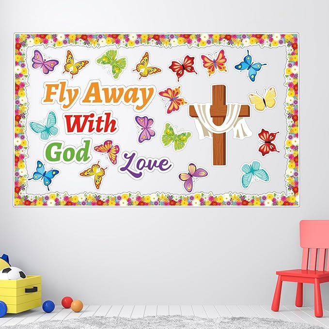 Spring Easter Bulletin Board Decorations Christian Religious Jesus Bulletin Board Set Fly Away with God Love Cross Cutouts Decor for Sunday School Classroom Teachers Students Supplies