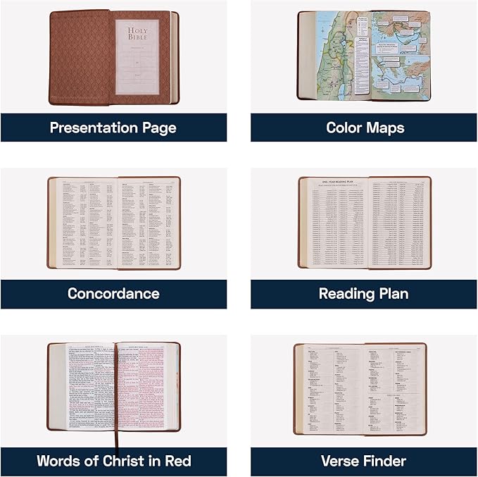 Personalized Compact Large Print Bible KJV Faux Leather Holy Bible Custom Name 3 Rows of Text & Red-Highlighted Verses, Personal Gift for Christian & Religious Celebrations | Brown