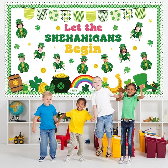 St. Patrick's Day Bulletin Board Decorations Set Leprechaun DIY Photo Craft Cutouts Green Lucky Shamrock Rainbow Irish Classroom Decoration for Holiday Party School Home Office Chalkboard Wall Decor