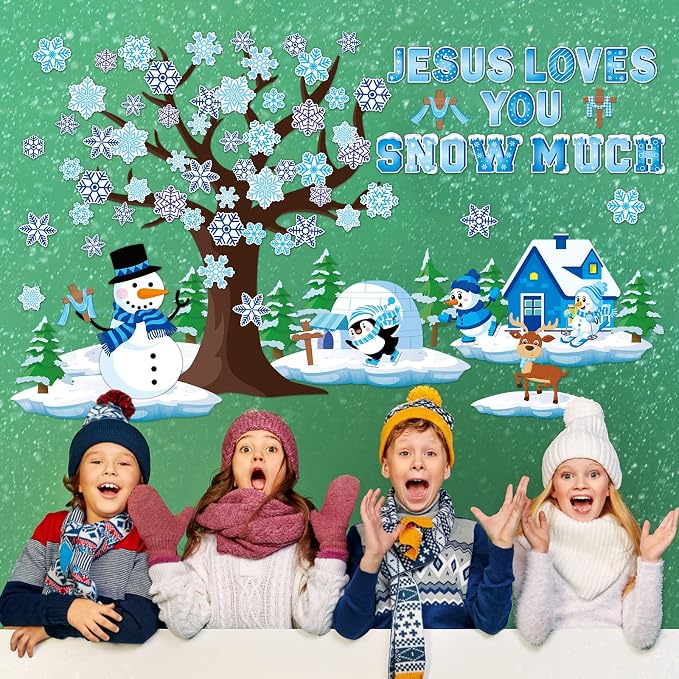 gisgfim Winter Bulletin Board Decorations Winter Snowflakes Snowman Tree Paper Cutouts Christmas Christian Bulletin Board Cutouts for Classroom Religious School Door Christmas Home Wall Decor Supplies