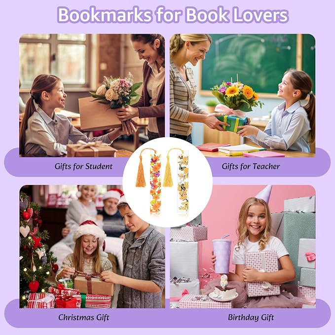 4pcs Pressed Flower Bookmarks, Transparent Acrylic Bookmark with Tassels, Butterfly Flower Theme Book Marks for Reading Women, Cute Book Marking Accessories Gift for Books Lovers(4 Colors)