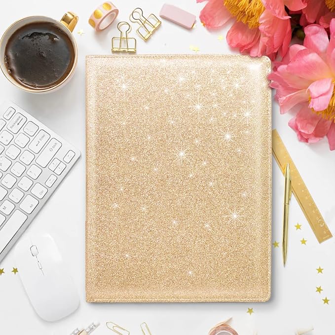 WAVEYU Glitter Portfolio Case, Bling Padfolio Cover for Women, Conference/Resume/Legal Document Organizer with Letter/A4 Size Clipboard Hardboard, Business Card Holders, Champagne