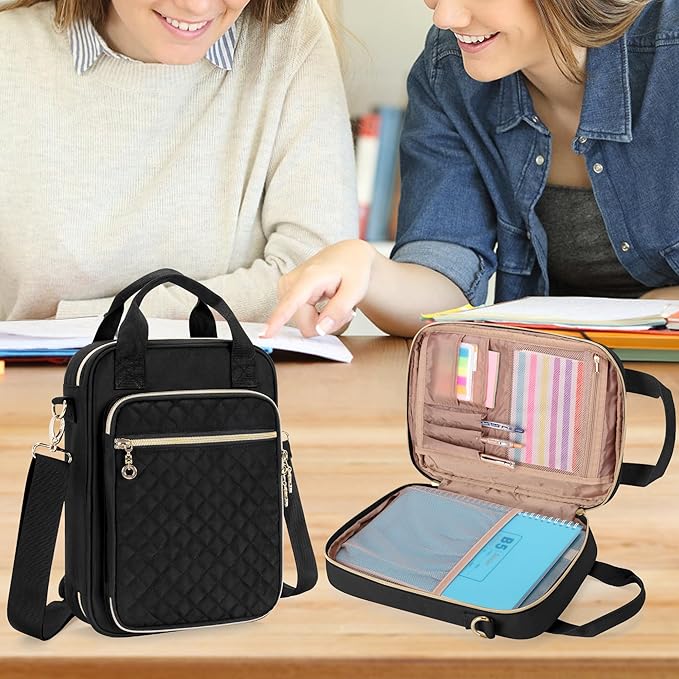 Teamoy Journal Supplies Storage Case, Journal Supplies Holder with Pen Slots, Travel Organizer Holder for B5 Notebooks, Planner, Pens, Journal Supplies and Accessories, Black Quilted