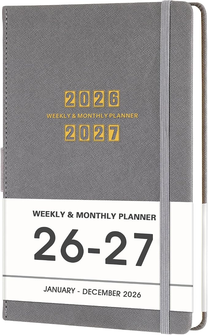 Planner 2026-2027 - 2026-2027 Planner Weekly and Monthly, Jul. 2026 - Jun. 2027, 5.75" x 8.25", Leather Planners with Thick Paper, Hardcover, Pen Loop, Back Pocket with Notes Pages - Grey