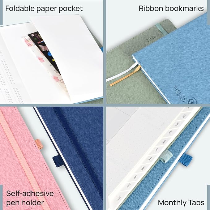 POPRUN Weekly Planner 2026 Calendar (Medium 6.75" x 8.75") 12 Months Notebook with Horizontal Layout, Leather Hardcover, Inner Pocket, 100GSM Thick Paper, Pen Holder - Soft Pink
