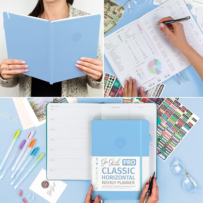 GoGirl Planner PRO - Undated Horizontal Layout Weekly Planner and Organizer + Budgeting and Expense Tracking Pages, Goals Journal & Agenda, 7" x 10" Hardcover, Lasts 1 Year - Periwinkle