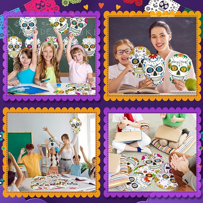 TaoBary 24 Pcs Day of The Dead Decorations Sugar Skull Cutouts Paper 7.09 Inch Dia De Muertos Party Decorations Sugar Skull Bulletin Board Decor for Mexican Halloween Classroom Altar Wall Crafts