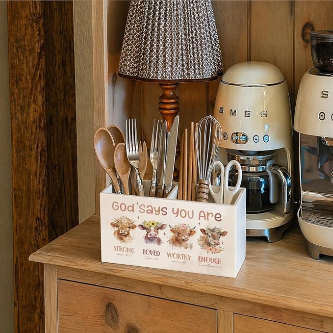 Inspirational Highland Cow Pen Holder for Desk Accessories Christian Highland Cow Gifts,God Says You Are Bible Verse Pencil Holders Wooden Box Organizer for Home Office Bedroom Desk Tabletop