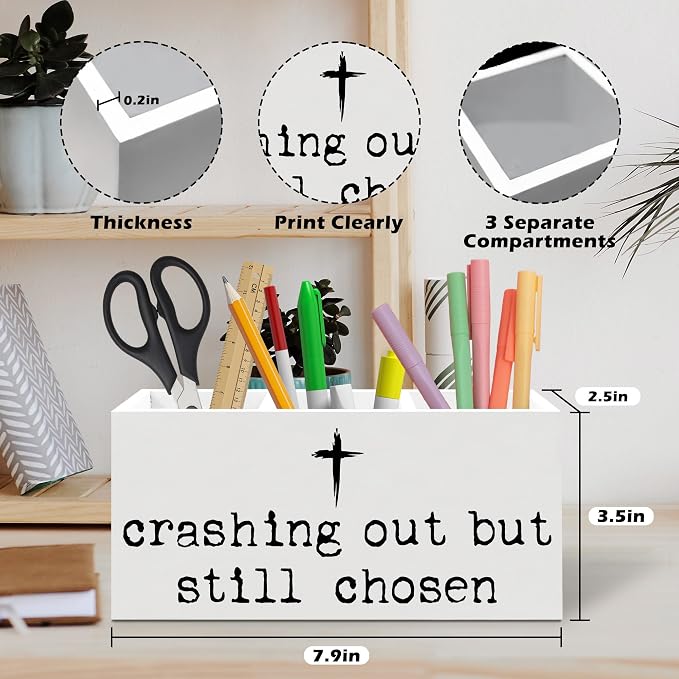 Christian Cross Pen Holder, Christian Gifts for Women Men Office Pen Pencil Holder Organizer for Desk Accessories, Bible Verse Religious Wooden Box Desk Decor for Home Office Desk Decorations