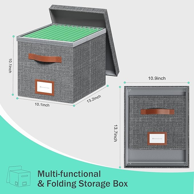 File Organizer Box with Lid File Box for Hanging Decorative File Organizer with One-Piece Integrated Plastic Slide Rail(Grey, 13.2x10.1x10.1inch(2pack))