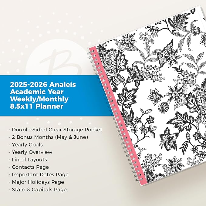 Blue Sky 2025-2026 Weekly and Monthly Academic Year Planner Calendar, July 2025 - June 2026, 8.5" x 11", Flexible Cover, Wirebound, Storage Pocket, Analeis